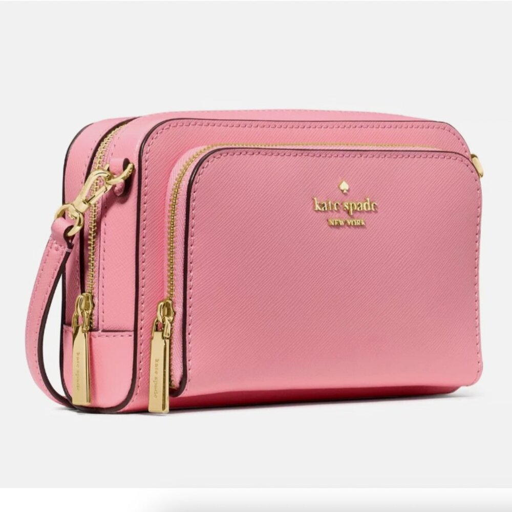 New Kate Spade Staci Dual Zip Around Crossbody Saffiano Leather Grapefruit Soda